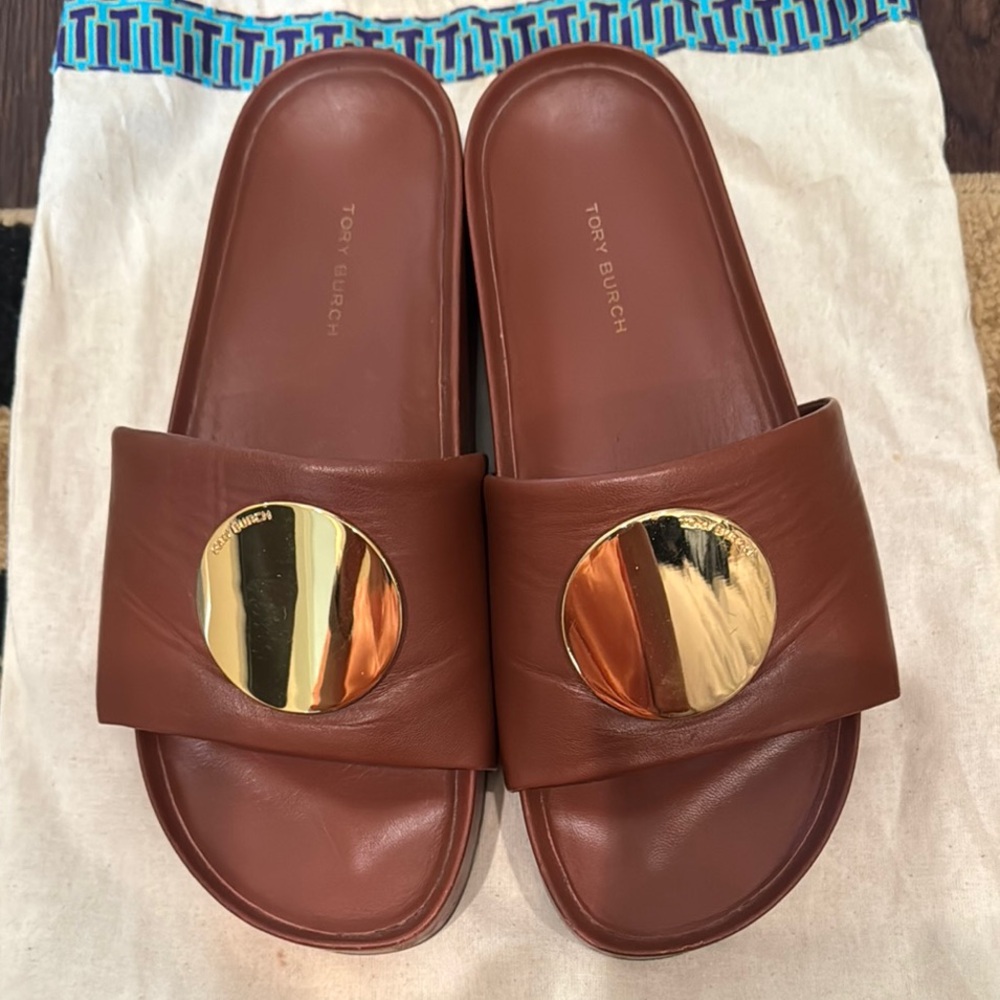 Tory Burch Brown and Gold Slide Sandals